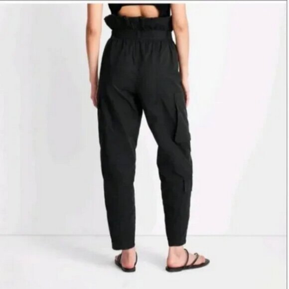 Women's High-Waisted Fold Over Cargo Pants - Future Collective" Black 6 - Picture 2 of 3